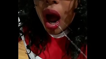 Ebony slut gives warm sloppy throat gag