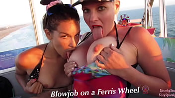 Must See! Risky Public Double Blowjob on a Ferris Wheel with Teen, Eden Sin and Sexy Spunky Girl