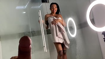 - shemale taking a shower getting ready to give her ass to the midget