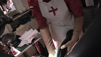 Rubbernurse Agnes - clinic red nurse dress, white apron, black fellatio mask, Part 2: handjob, deep ass dildo pegging, cum