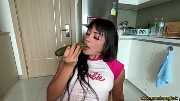 Hardcore Oral and Anal sex. Putting a big cucumber in her pussy mouth and ass